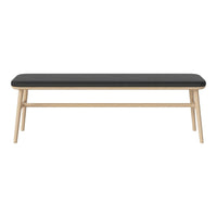 Black upholstered bench with a natural wood frame, featuring a sleek, minimalist design and crisp lines.