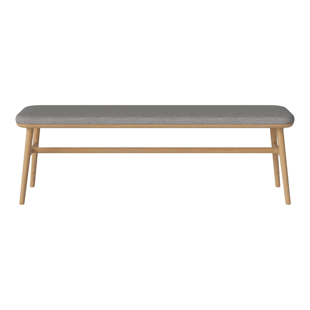 Gray upholstered bench with natural wood legs, featuring a simple, modern design and smooth finish.