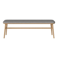 Gray upholstered bench with natural wood legs, featuring a simple, modern design and smooth finish.