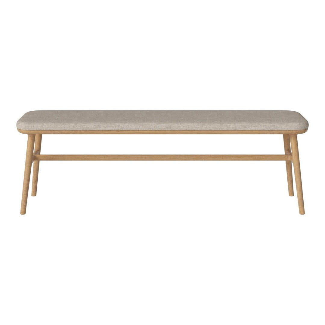 Light beige upholstered bench with natural wood legs, featuring a smooth, minimalist design. Perfect for modern decor.