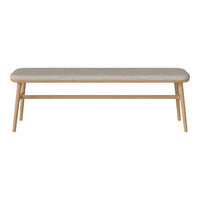 Light beige upholstered bench with natural wood legs, featuring a smooth, minimalist design. Perfect for modern decor.