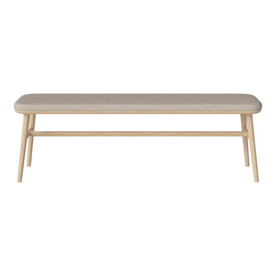 Light beige cushioned bench with natural wood legs, featuring a simple, modern design. Ideal for minimalist decor.