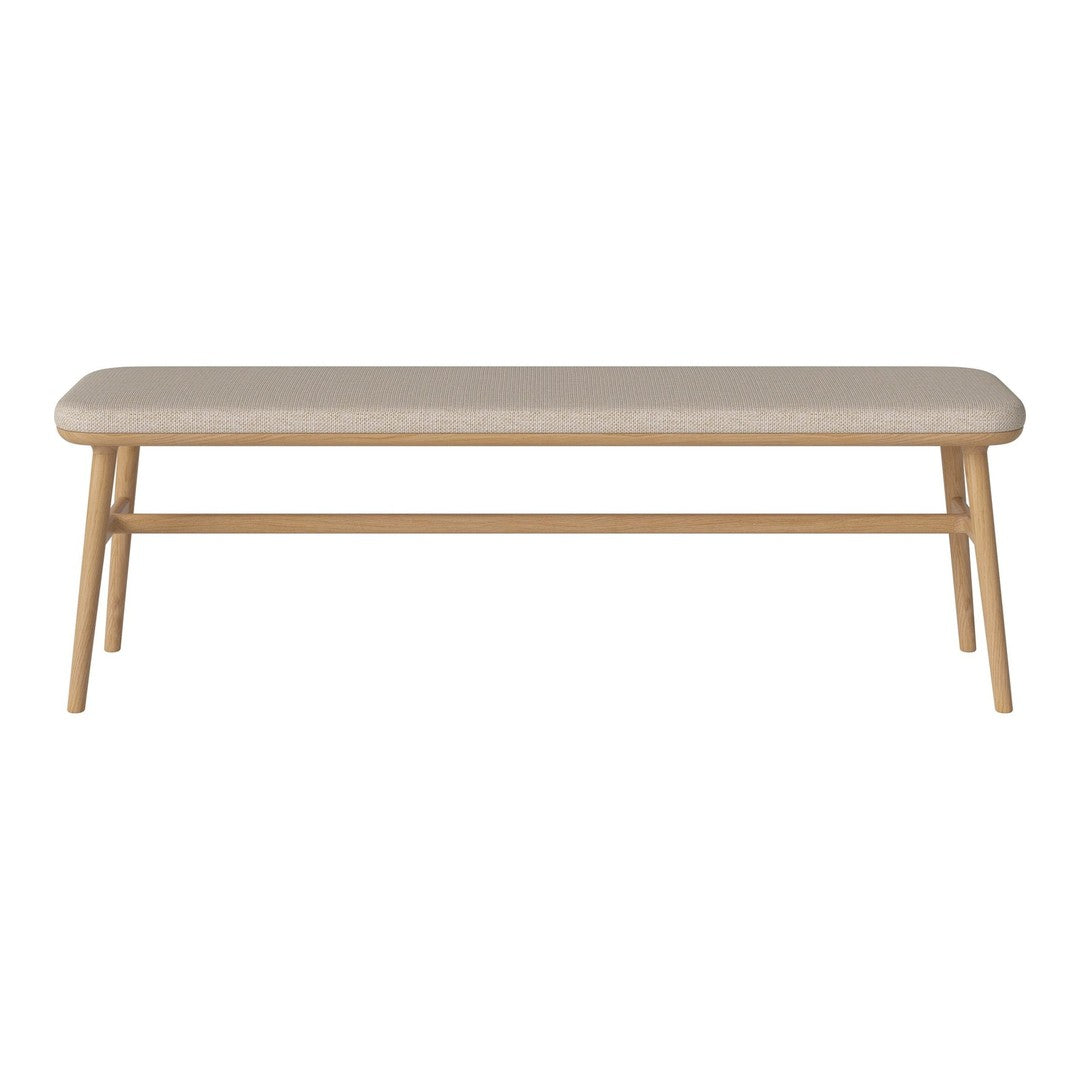 Minimalist beige bench with natural wood legs, featuring a clean, simple design and soft, neutral tones.