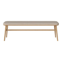 Minimalist beige bench with natural wood legs, featuring a clean, simple design and soft, neutral tones.