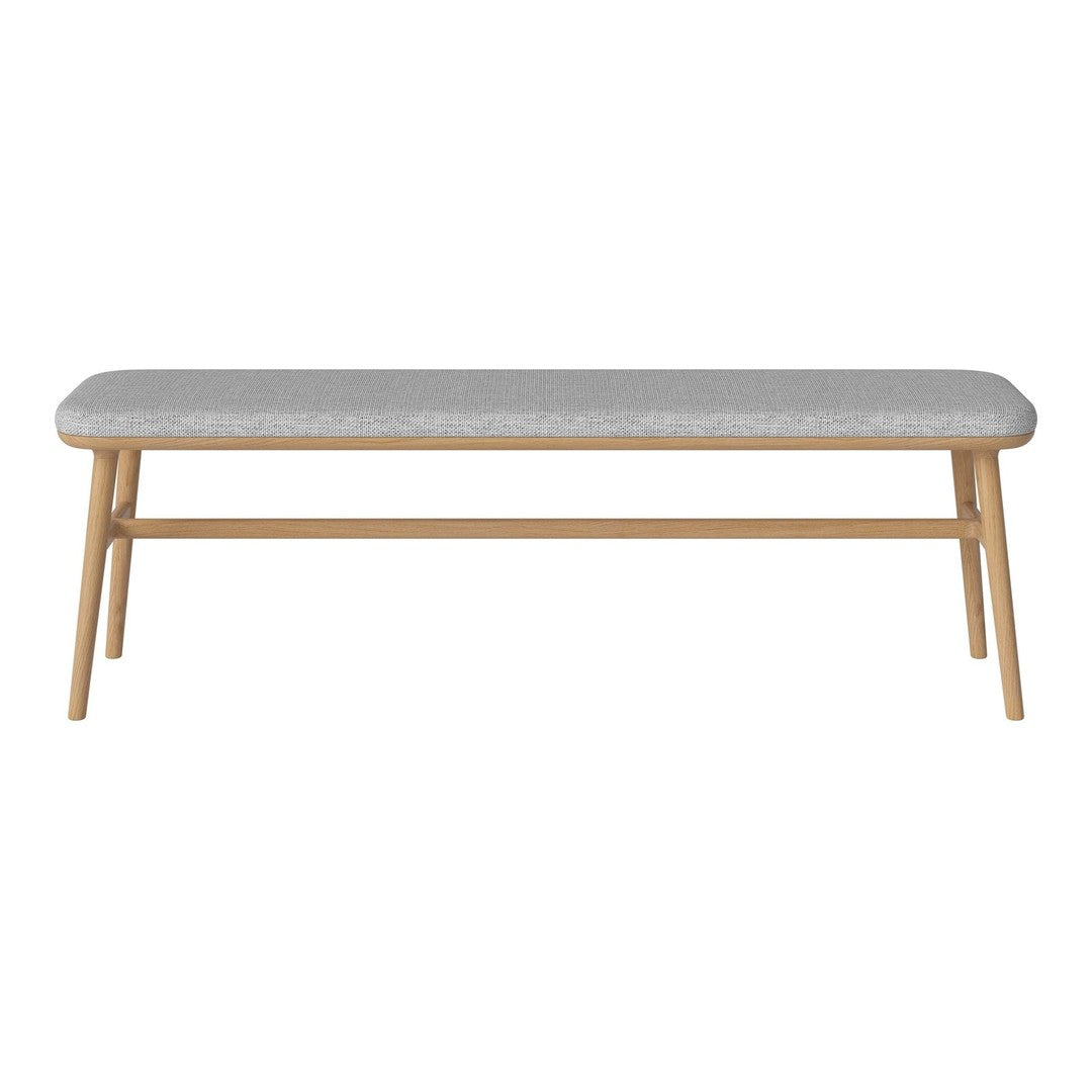 Gray upholstered bench with a natural wood frame, featuring clean lines and a minimalist design. Perfect for modern decor.