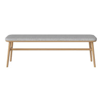 Gray upholstered bench with a natural wood frame, featuring clean lines and a minimalist design. Perfect for modern decor.