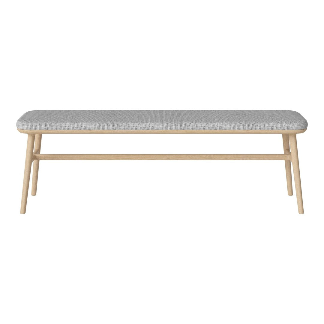 Light gray upholstered bench with a natural wood frame, featuring a minimalist design and clean lines.