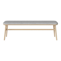 Light gray upholstered bench with a natural wood frame, featuring a minimalist design and clean lines.