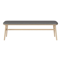 Grey upholstered bench with natural wood legs, featuring a sleek, minimalist design and smooth, contemporary lines.