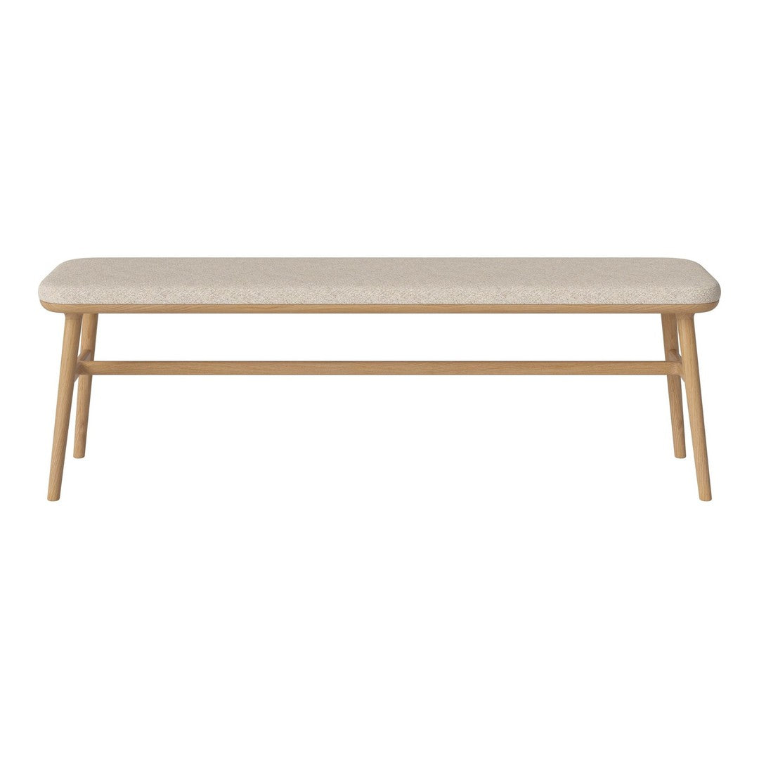 Light beige upholstered bench with a natural wood base, featuring a minimalistic design and no visible patterns.