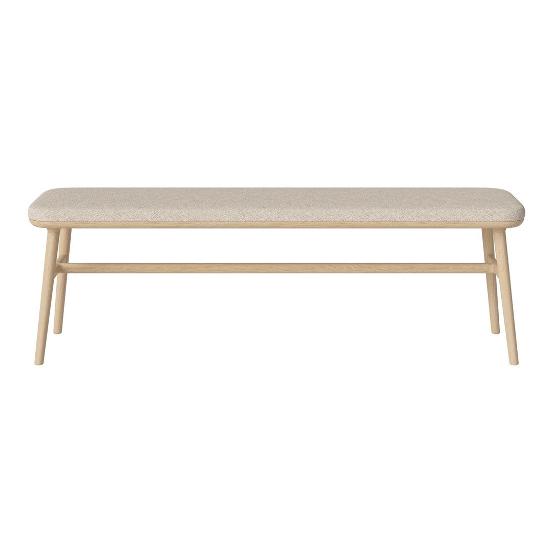 Light beige upholstered bench with natural wood legs, featuring a subtle textured pattern for a modern aesthetic.