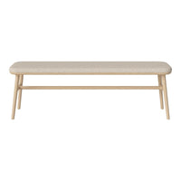 Light beige upholstered bench with natural wood legs, featuring a subtle textured pattern for a modern aesthetic.