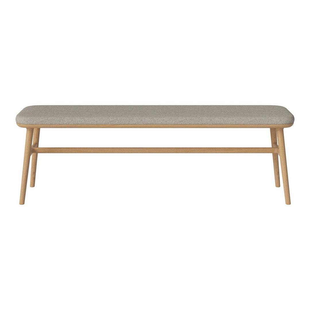 Light gray upholstered bench with a smooth texture and natural wood legs. Minimalist design for modern decor.