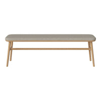 Light gray upholstered bench with a smooth texture and natural wood legs. Minimalist design for modern decor.