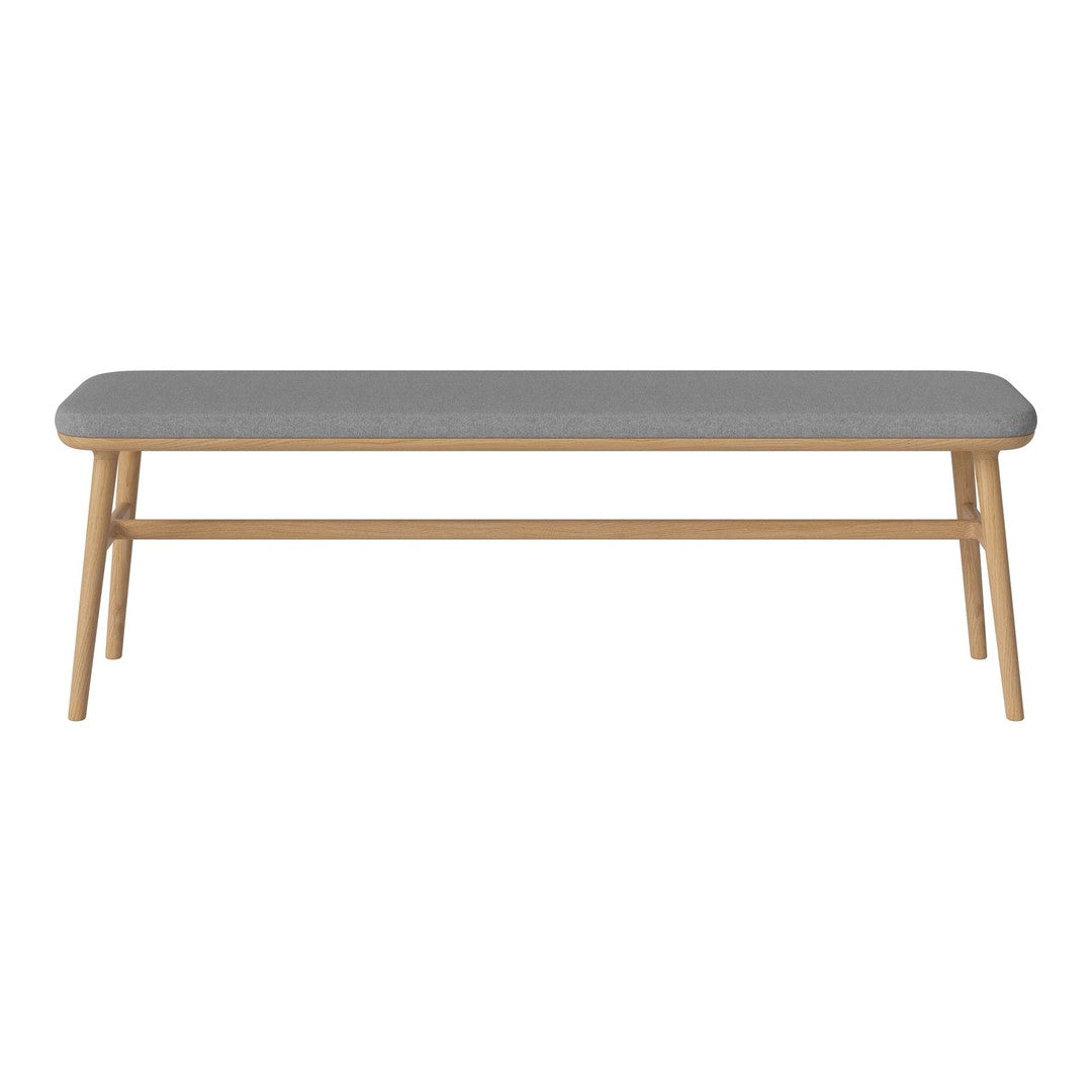 Gray upholstered bench with natural wood legs, featuring a sleek, minimalist design. Perfect for modern decor.