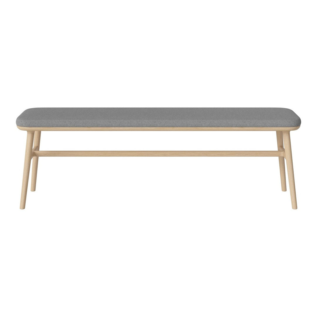 Light wood bench with a gray upholstered top, featuring a simple and modern design. Suitable for various decor styles.