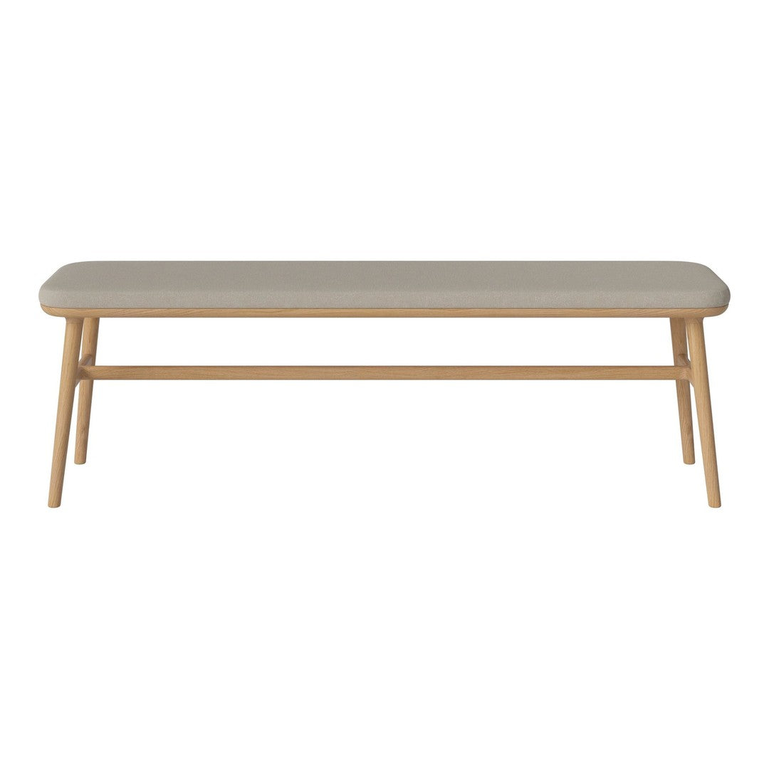Light gray bench with a smooth surface and natural wood legs, featuring simple, modern design and neutral tones.