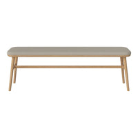 Light gray bench with a smooth surface and natural wood legs, featuring simple, modern design and neutral tones.