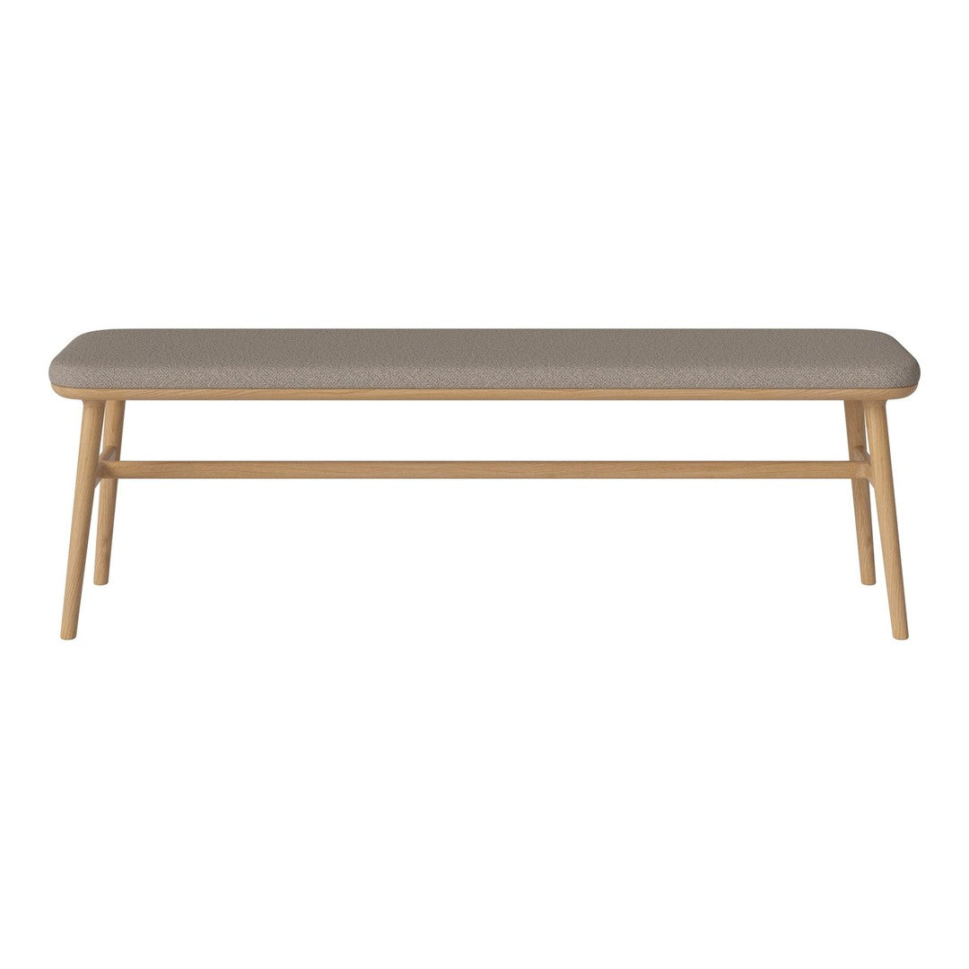 Neutral gray upholstered bench with a light wood frame, featuring clean lines and a simple design. Perfect for any space.