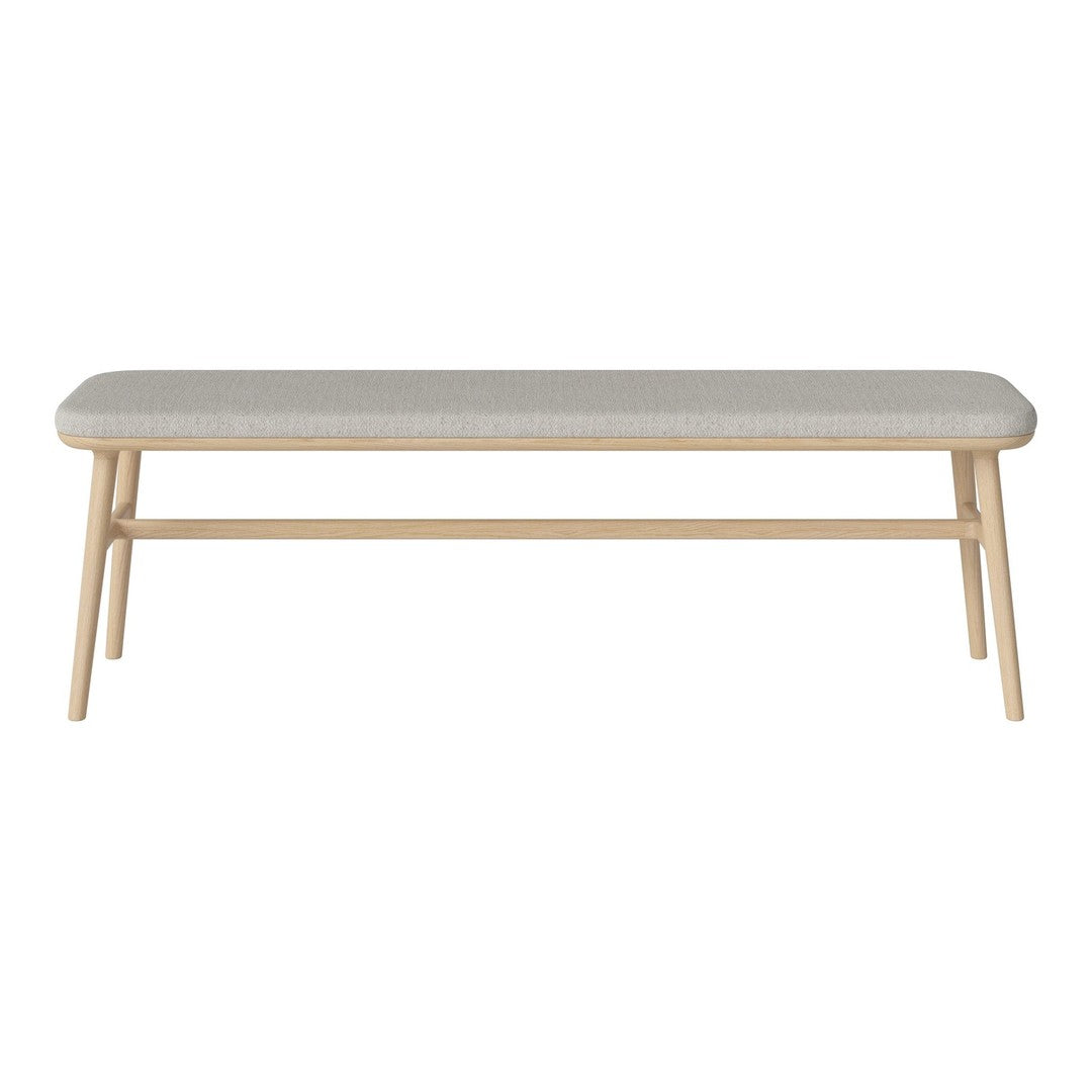 Light gray upholstered bench with natural wood legs, featuring a simple, minimalist design.
