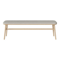 Light gray upholstered bench with natural wood legs, featuring a simple, minimalist design.