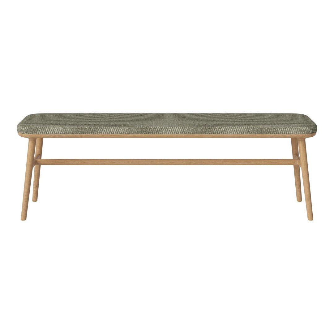 Green upholstered bench with a minimalist design and natural wood legs, perfect for modern decor.