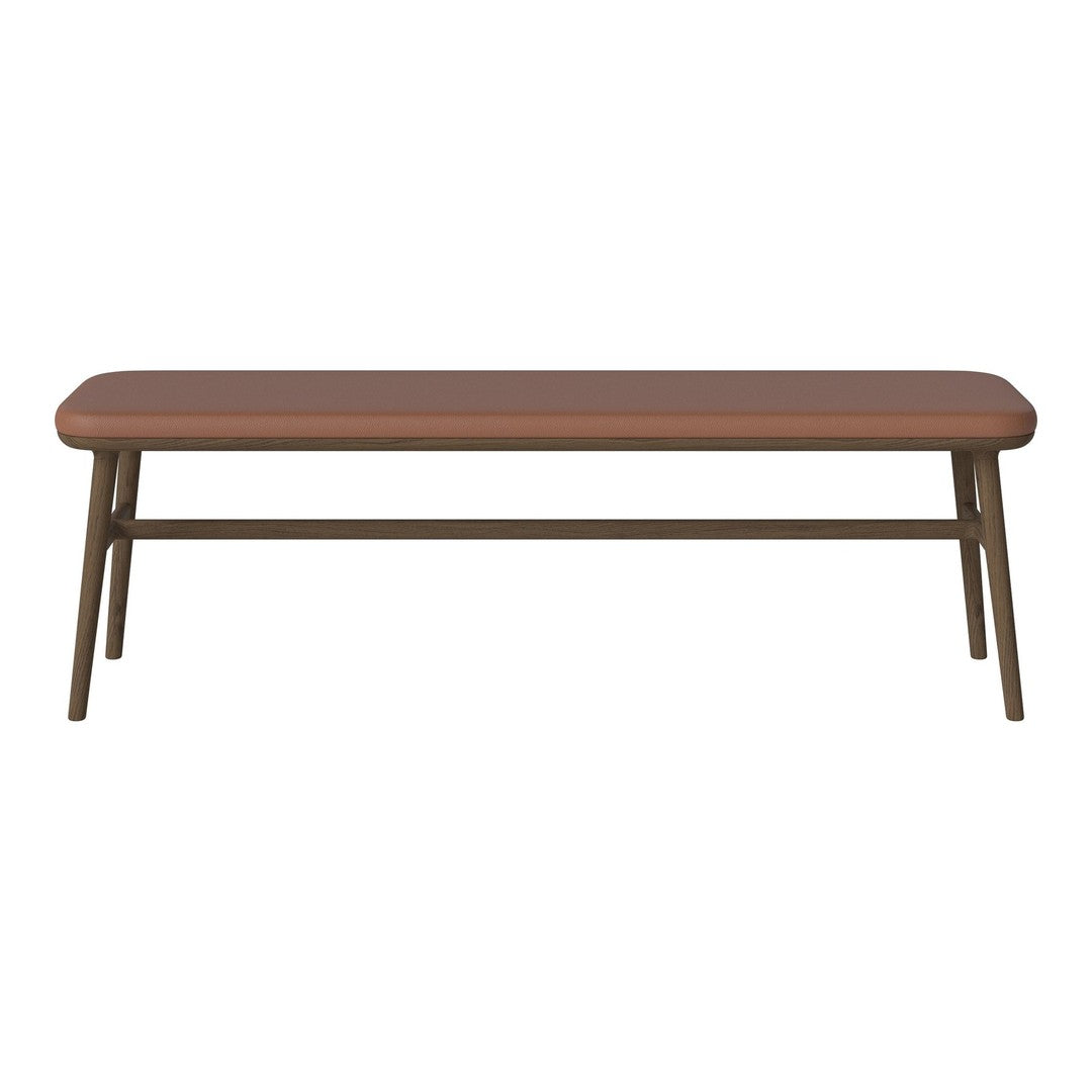 Brown wooden bench with a smooth, rectangular surface and slender, angled legs. Minimalist design, no patterns.