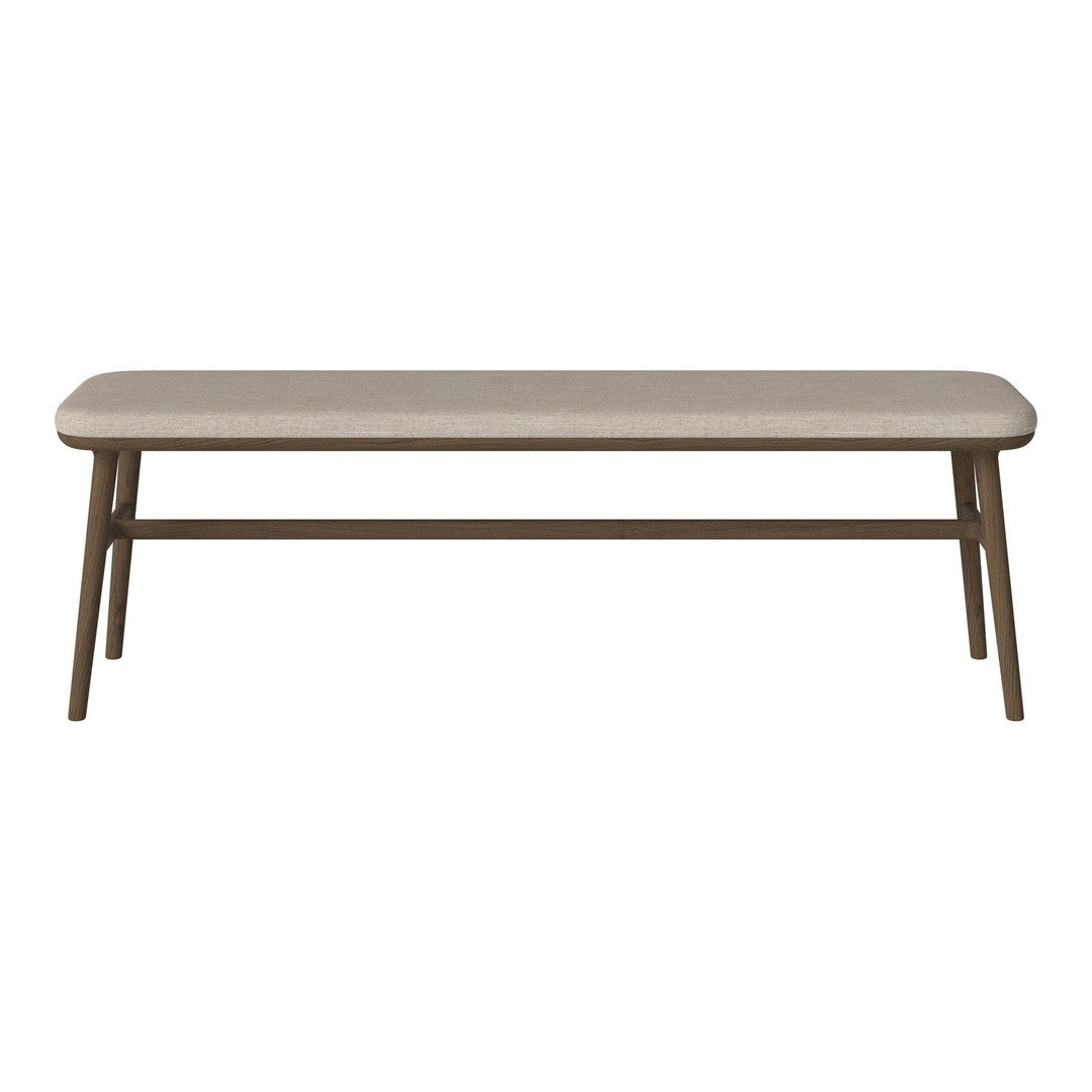 Light beige bench with a smooth surface and natural wood legs, featuring a minimalist, contemporary design.