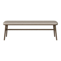 Light beige bench with a smooth surface and natural wood legs, featuring a minimalist, contemporary design.