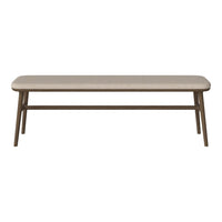 Light beige bench with a smooth surface and natural wood legs, featuring a minimalist design. Perfect for modern decor.
