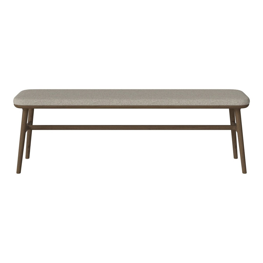 Light gray bench with a smooth finish and natural wood legs, featuring a minimalist design for modern interiors.