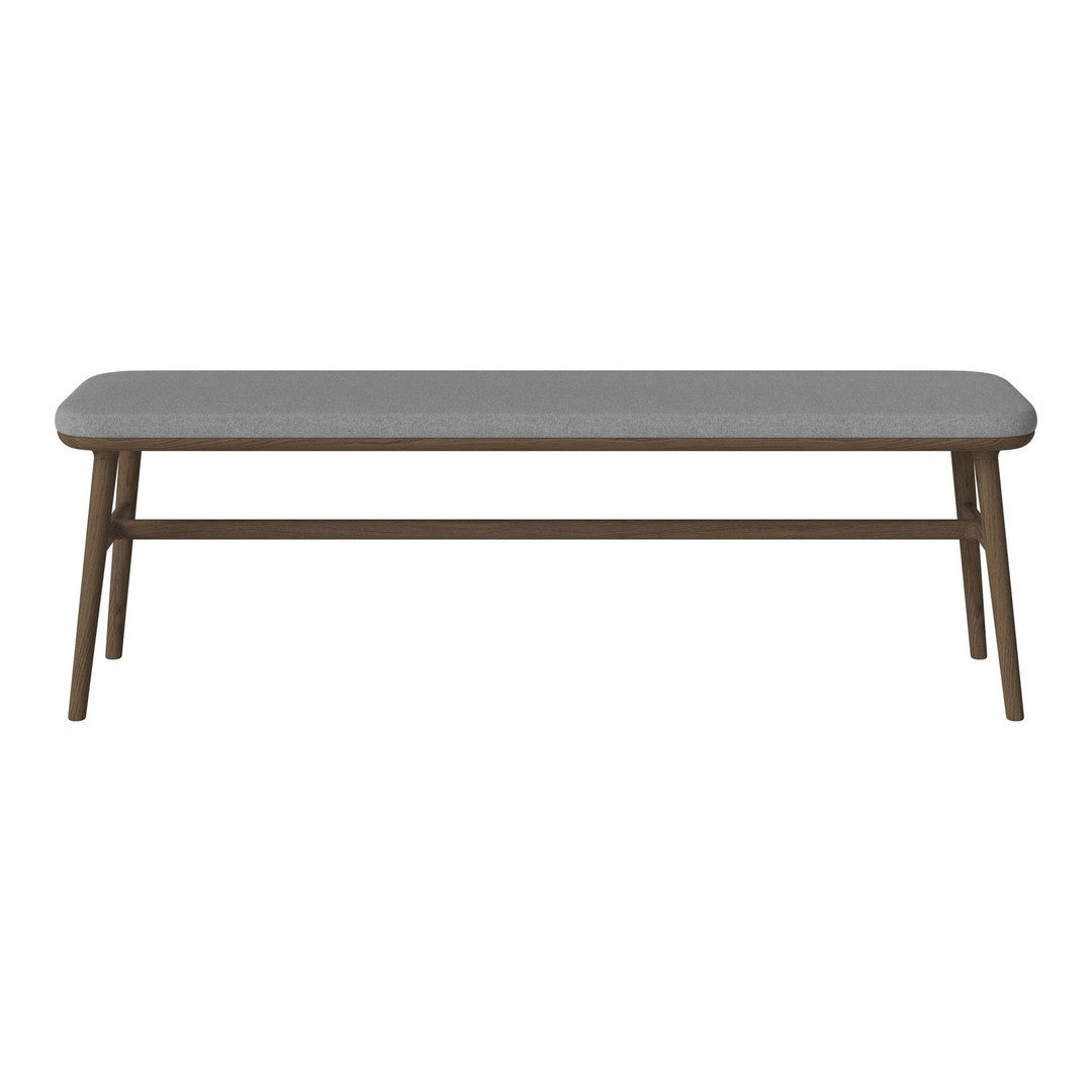 Gray upholstered bench with a sleek, minimalist design and a warm wooden frame. Perfect for modern decor.