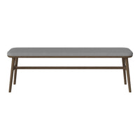 Gray upholstered bench with a sleek, minimalist design and a warm wooden frame. Perfect for modern decor.