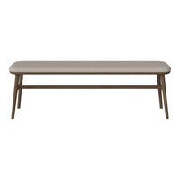 Light beige bench with a smooth surface and simple brown wooden frame, perfect for minimalist decor.