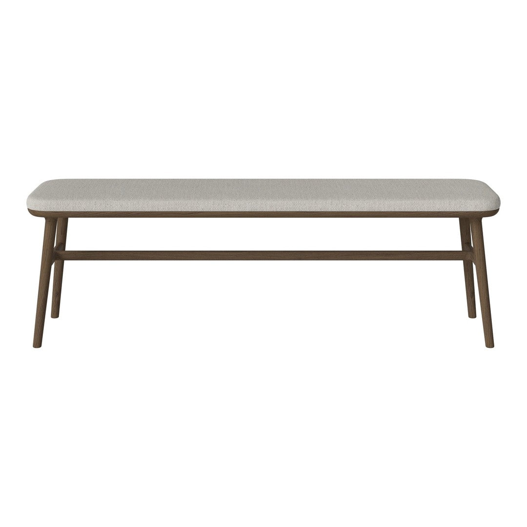 Light grey upholstered bench with a smooth surface and natural wood legs. Simple, modern design for versatile decor.