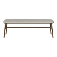 Light grey upholstered bench with a smooth surface and natural wood legs. Simple, modern design for versatile decor.