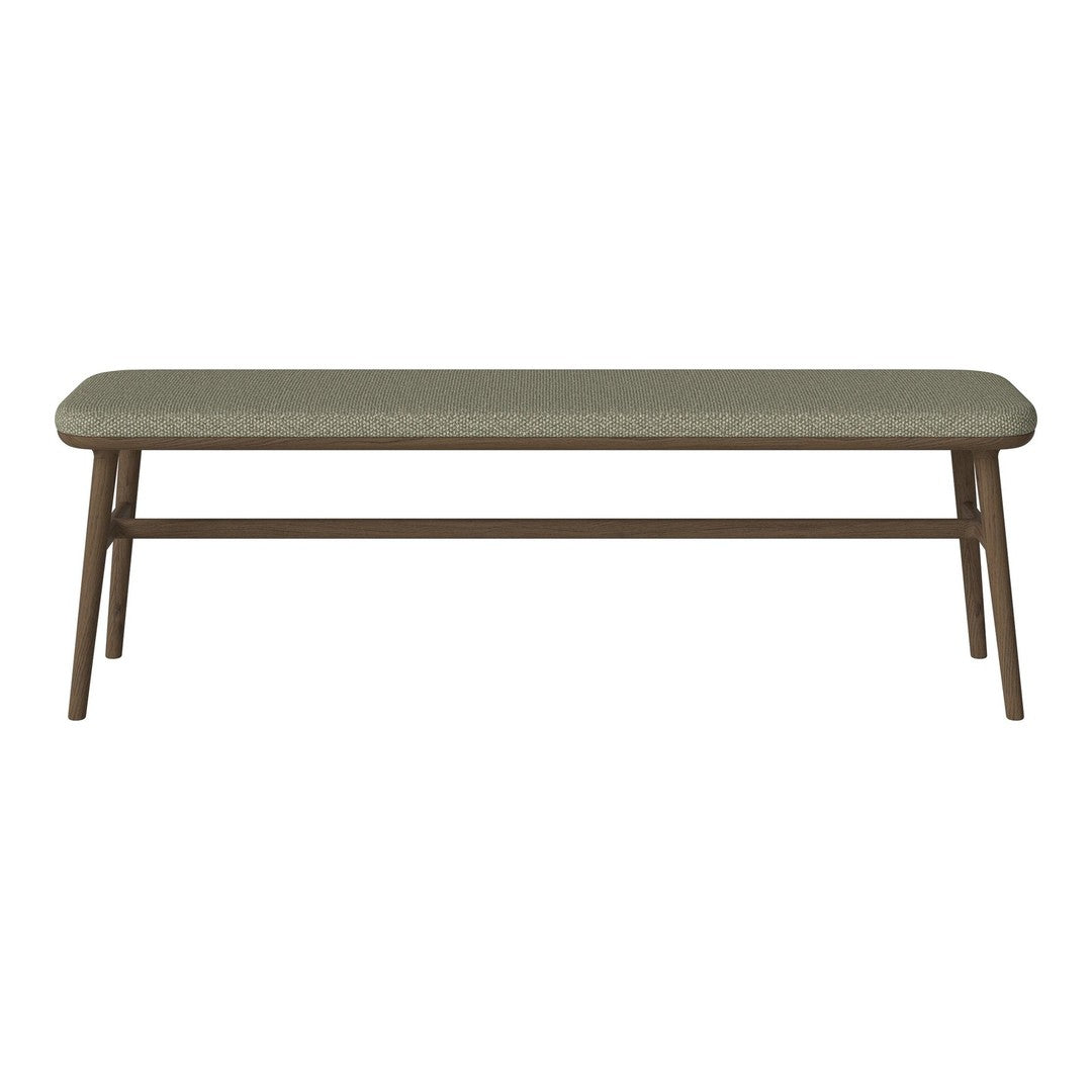 Forest green upholstered bench with a light brown wooden frame, featuring a smooth, minimalist design.