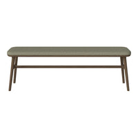 Forest green upholstered bench with a light brown wooden frame, featuring a smooth, minimalist design.
