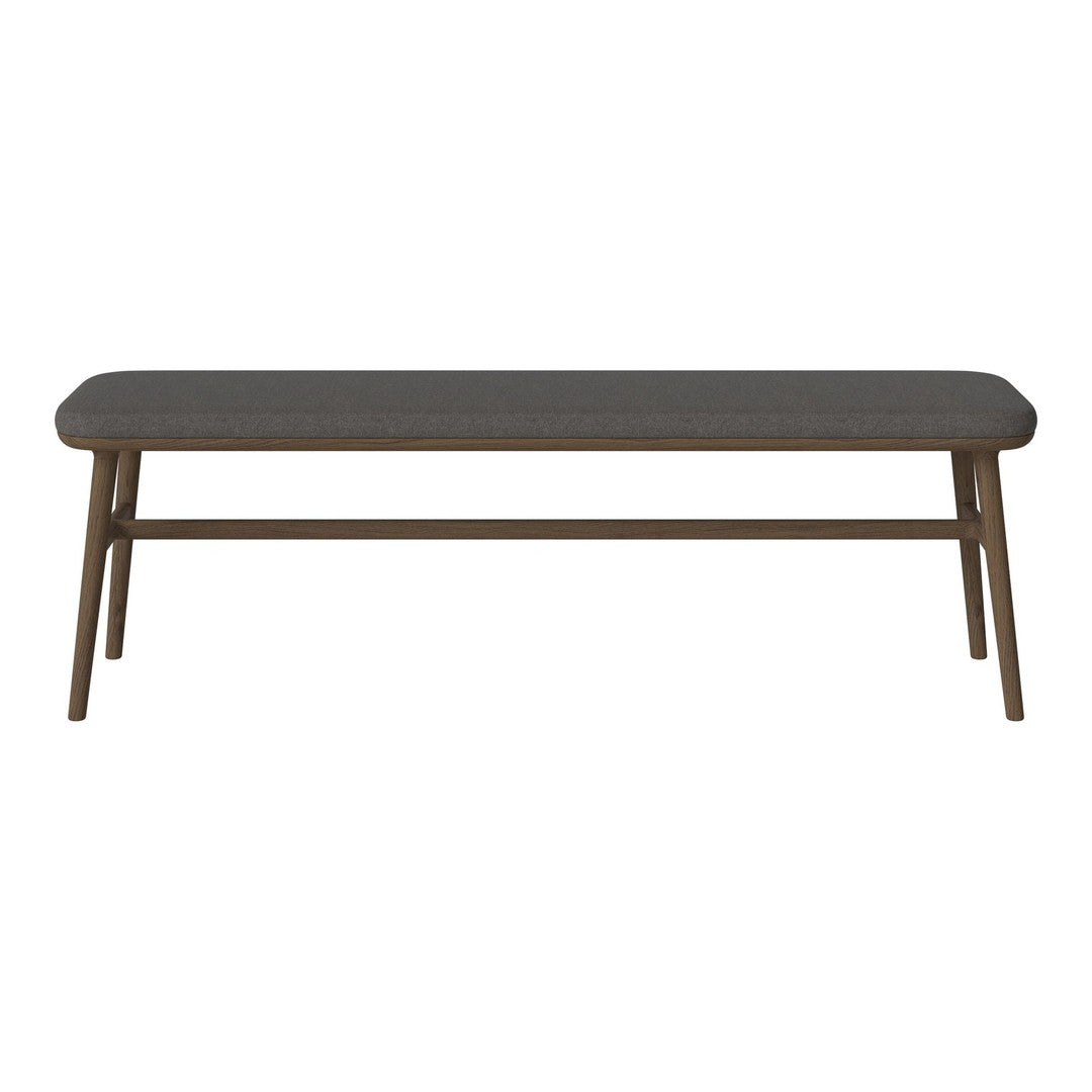 Gray upholstered bench with a sleek design and natural wood legs, perfect for modern interiors.