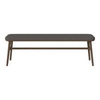 Gray upholstered bench with a sleek design and natural wood legs, perfect for modern interiors.