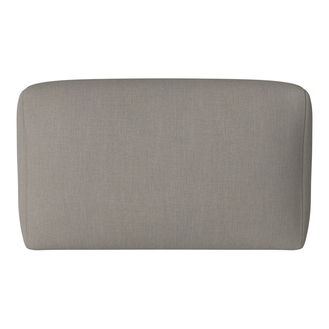 Light gray upholstered headboard with a smooth, textured fabric in a modern, minimalist design.