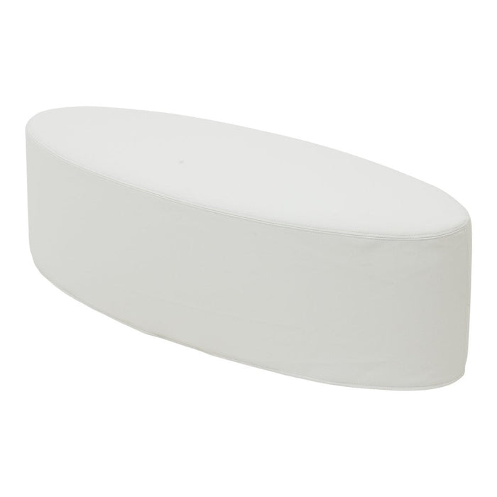White oval-shaped upholstered bench with smooth fabric texture and minimalist design. Perfect for modern decor.