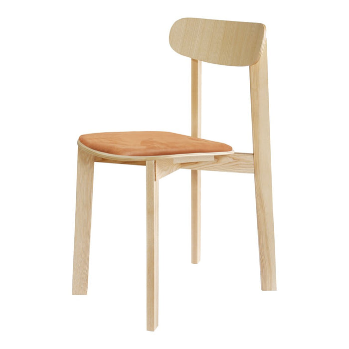 Light wood chair with a natural finish and a warm, orange seat. Minimalist design with smooth lines.