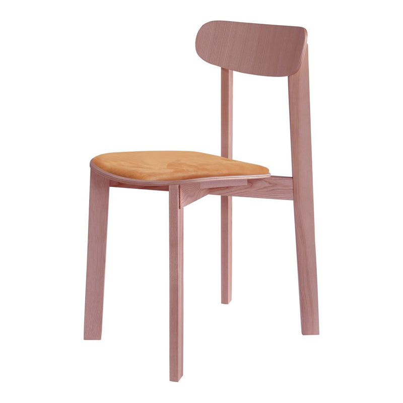 Light pink wooden chair with a tan cushioned seat, featuring a minimalist design and smooth, clean lines.