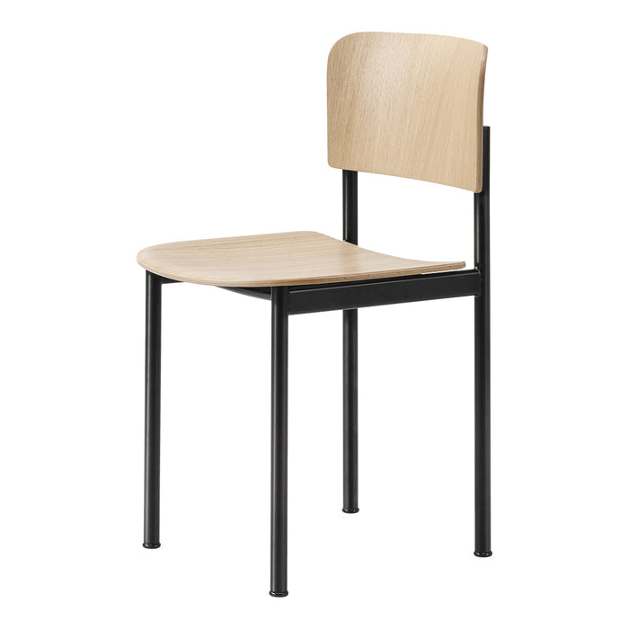 Natural wood seat and back with a sleek black metal frame, creating a minimalist design. Ideal for modern spaces.