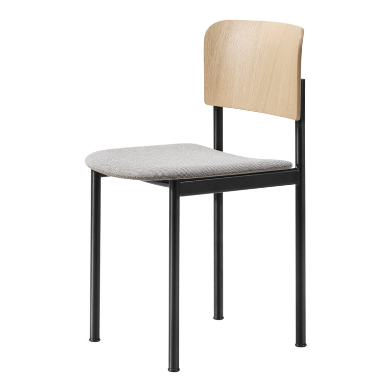 Wooden backrest with natural finish, gray cushioned seat, and black metal frame. Modern and minimalist design.