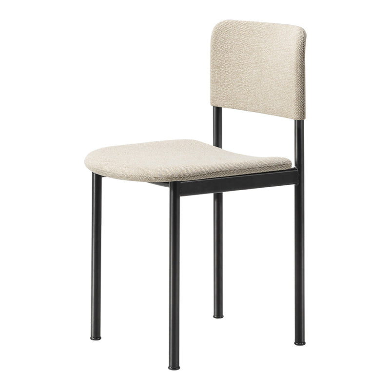 Beige upholstered chair with a sleek black metal frame, featuring a simple, minimalist design.