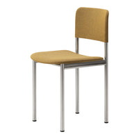Yellow upholstered chair with a simple design, featuring silver metal legs. Ideal for modern spaces.