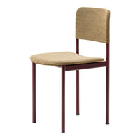 Sleek chair with a warm beige seat and backrest, complemented by rich burgundy metal legs. Perfect for modern decor.