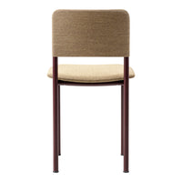 Brown upholstered chair with a tan fabric seat and maroon metal legs. Simple, modern design with neutral tones.
